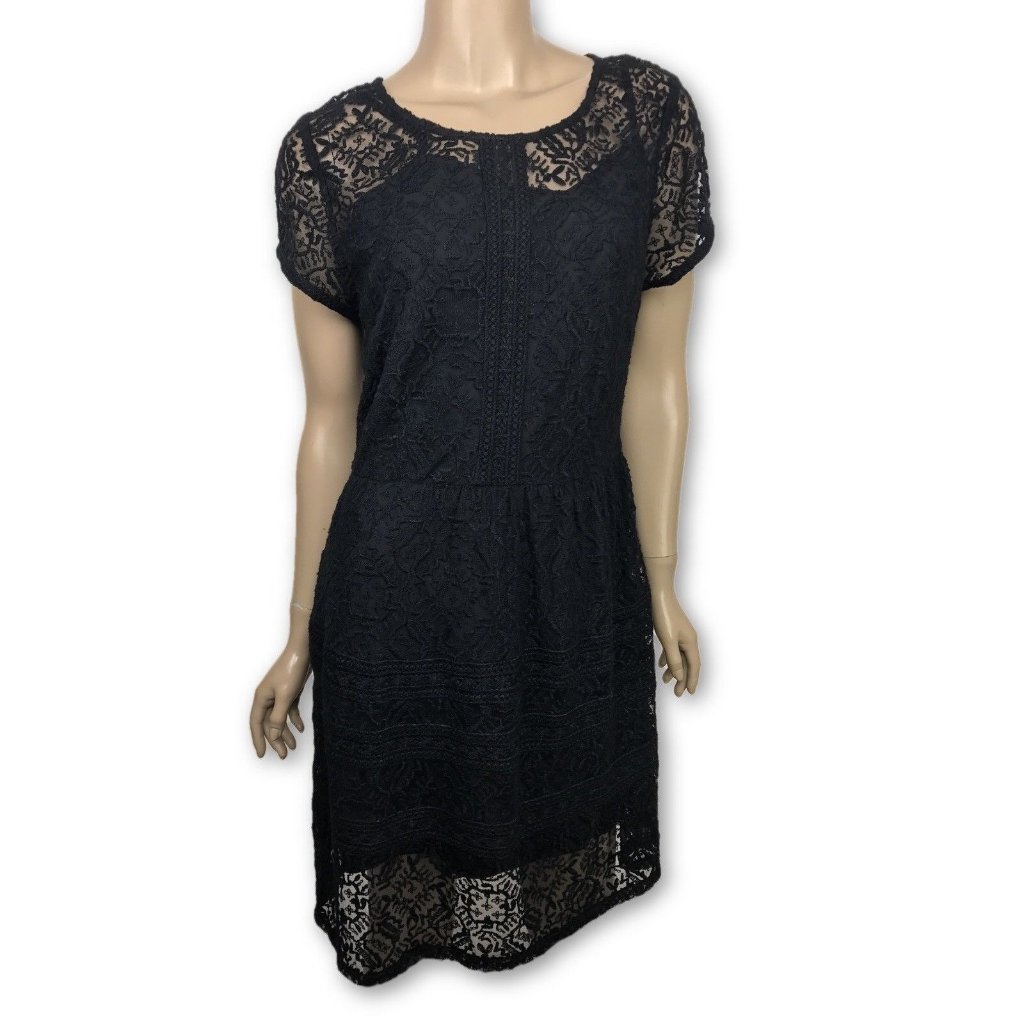 Joie Black Sz 4 Lace Short Sleeve Dress Nylon Fitted Waist Embroidery Msrp $458